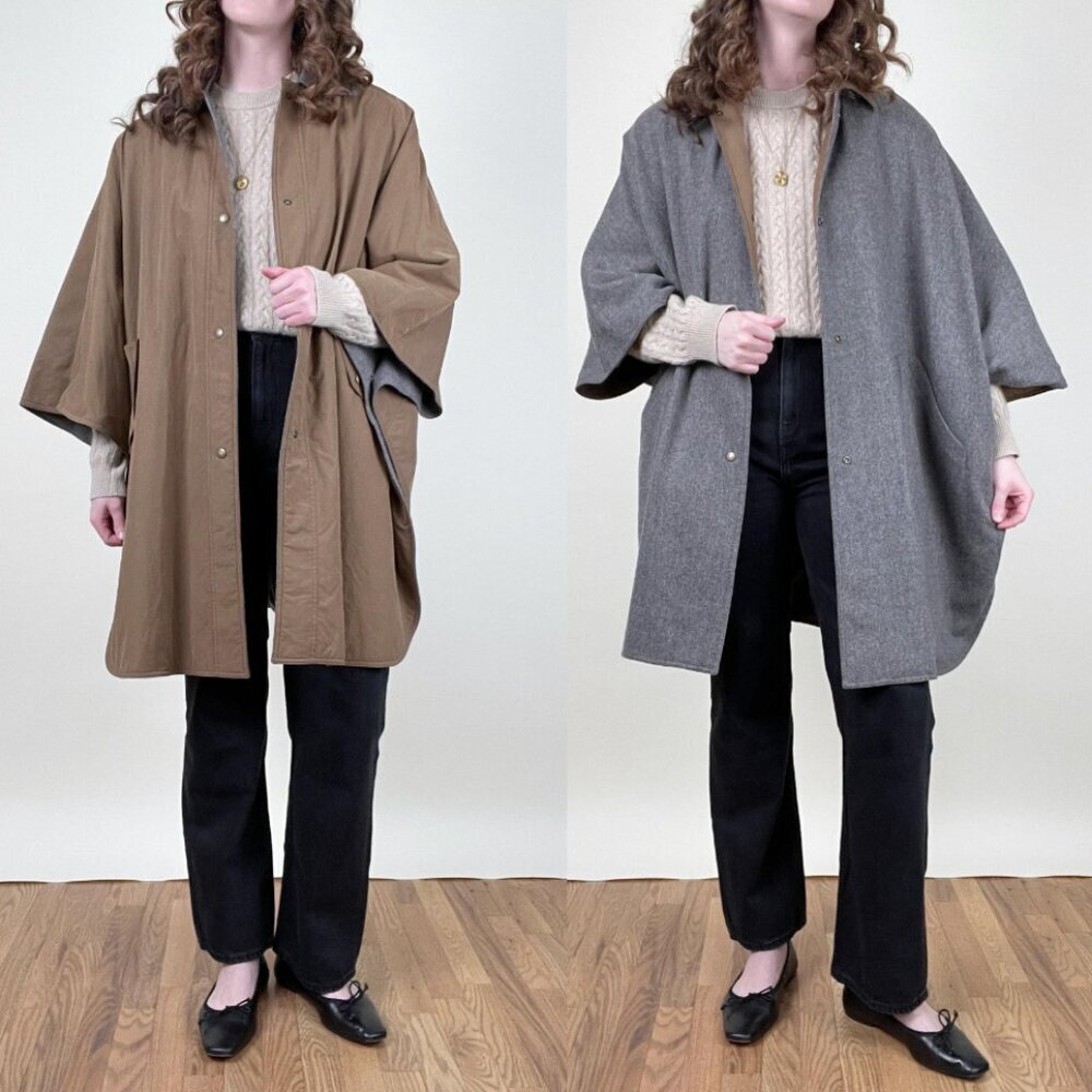 Vintage Reversible Cape Poncho Trench Coat Utility Jacket Cape Oversized 70s 80s